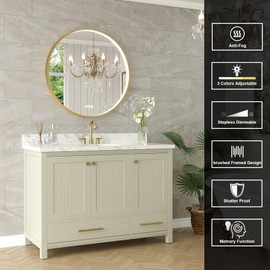 Oerbasz LED Bathroom Mirror with Gold Framed 28 Inch, LED Mirror for Bathroom with Anti-Fog, Stepless Dimmable, Front Lit, Memory Function, Shatter-Proof