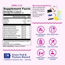 Beef Organ Capsules for Women | Grass-Fed, Pasture-Raised New Zealand Bovine | 7 Organ Extracts with Liver, Heart, Kidney, Bone Marrow & More | Energy, Digestion & Skin Support 30 Servings Primal Glow
