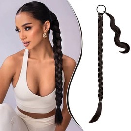 FELENDY 26" 30" Ponytail Extension Braided Long Straight Wrap Around Braiding Pony tails Hair Extensions Natural Soft Fishtail Braid for Women (26 inch,Dark Brown)