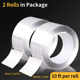 ALXBSONE Nano Double-Sided Adhesive Transparent Non-Marking Adhesive, Removable Tape, Strong Sticky Strip for Carpet, Posters, Walls, Floors (2 Rolls, 20 Feet Total)-50MM