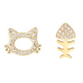 Aloluo CZ Asymmetry Cat Fish Bone Stud Earrings for Women Gold Plated Cubic Zirconia Hypoallergenic Cute Studs Cartilage Post Dainty Anniversary Birthday Party Jewelry Gifts for Cats Lovers