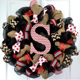 Burlap Monogram Letter Initial Mesh Outdoor Front Door Wreath; Black Red White Chevron