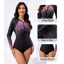 Halcurt Women's Long Sleeve One Piece Rash Guard Swimsuit Zip Front UPF50+ Surfing Swimwear Shining Pink M