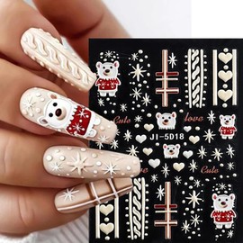 Christmas 5D Embossed Nail Art Stickers Decal 6PCS Self-Adhesive Xmas Nail Stickers Elk Santa Claus Bear Gloves Nail Design Winter Nail Art Supplies for Women Girls Christmas New Year Nail Decoration