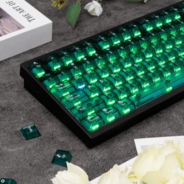 114 Keys Clear Crystal Green PBT Keycap Set, Translucent Shine Through Cherry Profile Keycap for ANSI Layout Mechanical Gaming Keyboard