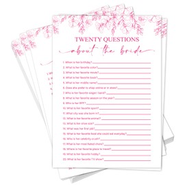 Bridal Shower Games Cards-Twenty Questions about The Bride, Pink Floral Wedding Game Activity for 25 Guests, Bachelorette Engagement Party Supplies, 25 Cards -A09