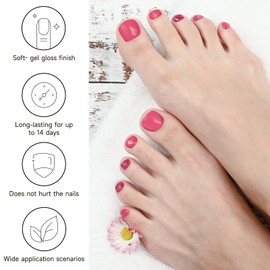 DUKASOU Semi Cured Gel Pedicure Strips, (Rouge Button) 26 PCS Gel Nail Strips Works with Any UV Light, Salon Quality Gel Nail Stickers，Easy to Apply & Remove