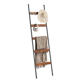ELYKEN Blanket Ladder for Living Room, Farmhouse 5-Tier Quilt Holder with 4 Removable Hooks for Bathroom, Wood Towel Rack Display, Wall Anchor Leaning Decorative Stand for Home, Rustic Brown