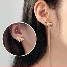 Zeshimb Pearl Rhinestone Bow Long Tassel Earrings Long Chain Dangle Bow Tie Earrings Cubic Zircon Bowkont Linear Earrings Sparkly Gold Bow Ribbon Statement Earrings Everyday Jewelry for Women