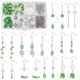 PLIGREAT 1 Box DIY 10 Paare St. Patrick's Day Ohrring Herstellung Kit Silber Vierblättriges Kleeblatt Charme Legierung Viel Glück Ohrring Grüne Kristall Perlen für Schmuck Herstellung Kit