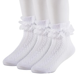 QHANSHIEE 3Pairs Girls Ruffle Socks Cotton Lace Socks Little Girls White Lace Ruffle Frilly Sock Dress Sock for Girl Toddler