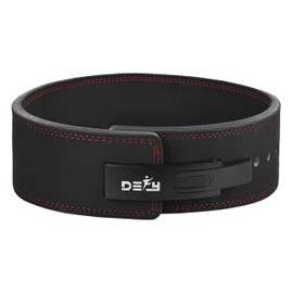 DEFY Power Lifting Belt Lever Buckle Genuine Leather 10MM Gym Training Exercise Belt Black/Red (Small)