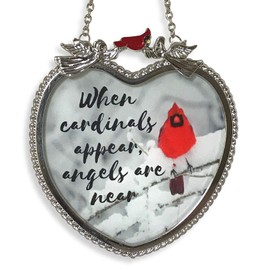 Memorial Cardinal Sun Catcher - When Cardinals Appear Angels are Near - Heart Shaped Glass Sun Catcher with Cardinals and Winter Scene. Measures 4 ¼” H x 4” W.