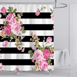 hipaopao Floral Stripe Shower Curtain Pink Flower Fabric Shower Curtain Sets Bathroom Decor with Hooks Waterproof Washable 72 x 72 inches Black White Green