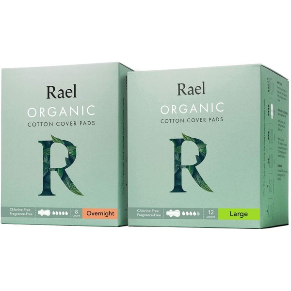 Rael Organic Cotton Sanitary Pads - Certified Organic Cotton Large Pads 1 Pack and Overnight Pads 1 Pack