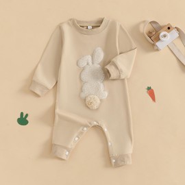 Baby Girl Boy Easter Outfit Bunny Embroidery Romper with Pompom Tail Rabbit Jumpsuit Neutral Newborn Coming Home Photo (Khaki, 0-3 Months)