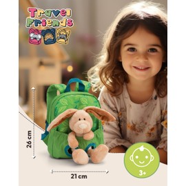 NICI 61743 Backpack 21 x 26 cm Green with Plush Toy Rabbit 25 cm Removable Plush Toy Soft Fluffy Nursery Backpack with Cuddly Toy for Boys and Girls