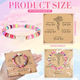 Liliaafar 20 Sets Cross Bracelets Bulk for Women Clay Bead Jesus Bracelet Elastic with Cards for Summer Beach Friendship Jewelry Gifts(Rainbow Colors)