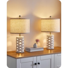 GOEBLESON 22" Ceramic Table Lamps Set of 2, Modern Coastal Bedside Lamps, Farmhouse Desk Lamps Beige and White, with Main & Night Light, Bulbs Included, for Bedroom, Living Room, End Table H12TL05