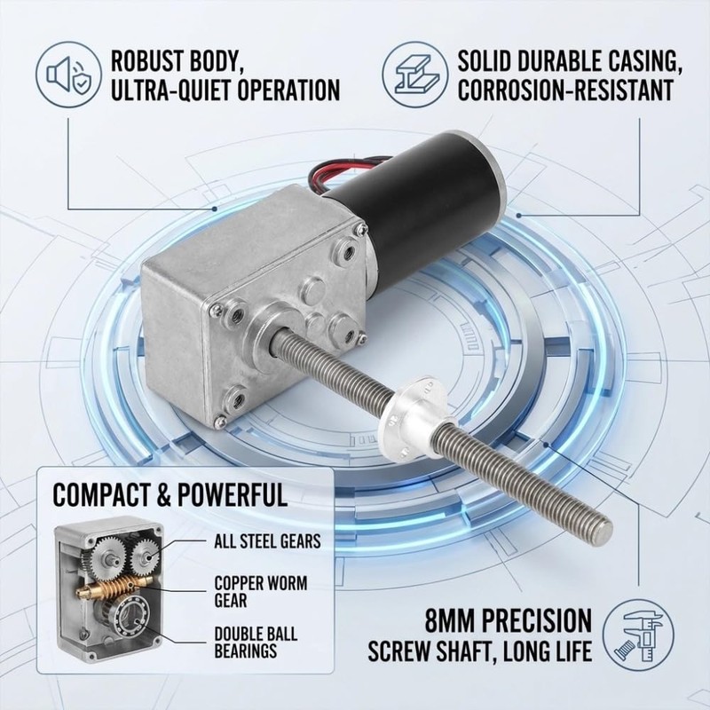 12V Geared Motor with Torque, 1280 M8 Double Shaft Worm