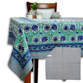 Sweet Us Floral Tablecloth for Rectangle Tables, Cotton Floral Kitchen Dining Table Cloth and Napkin Bundle, Table Linen White Gray Turquoise Blue, Table Cover for Indoors and Outdoors 70 x 104 in