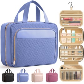 HOTOR Travel Toiletry Bag for Women & Men, Waterproof Makeup Bag with Hanging Hook and Multiple Pockets, Cosmetic Bags for Women, Travel Essentials, 12.6'' x 4.3'' x 9.9'', Aegean-Blue