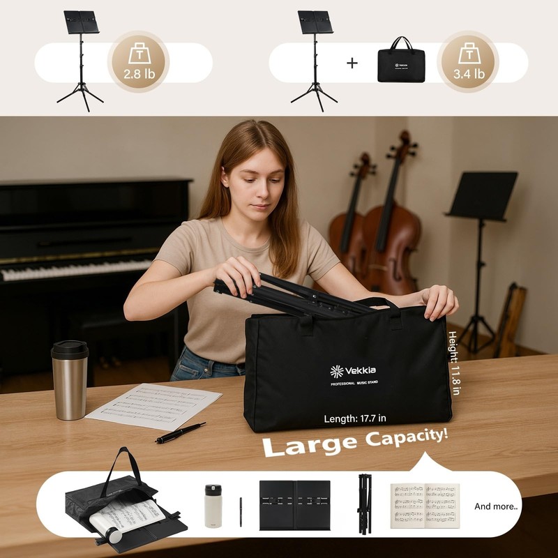 Vekkia Music Stand - Lightweight and Portable, Adjustable Panel Extension