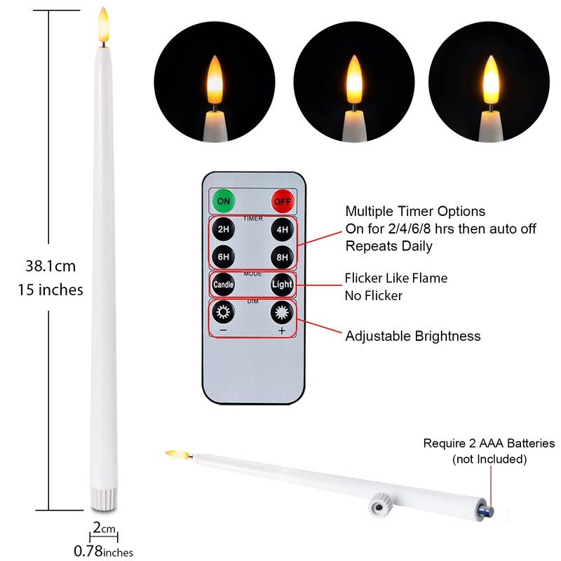 Homemory 15 inches Real Wax Flameless Taper Candles with Remote