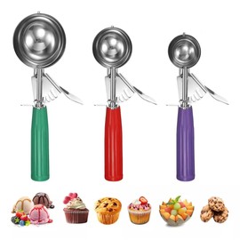 Juego 3 Cucharas de Helado,Premium Acero Inoxidable MecáNico Cookie Cuchara MelóN Baller Con Disparador, Cucharas Resortes Scoop P/Helado Profesional Acero Para Helado Frutas Galletas De Mash