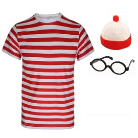 Kids Girls Boys Wheres the Nerd Red and White Striped Geek World Book Day 3 or 4 Piece Costume (T-Shirt+Glasses+Hat, 7-8)