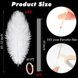 Lyrow 25 Pcs Ostrich Feathers Bulk Plumes 10-12 Inch (25-30 cm) Include 12 Pcs Natural Feathers for Vase 12 Pcs Sticks and Tape for DIY Crafts Wedding Masquerade Party Centerpiece Decorations (White)