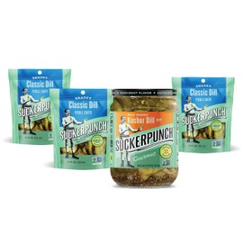 SuckerPunch Pickles | Pantry Pack | One 24oz Jar | Three 3.4oz Pouches | Non-GMO (Kosher Dill Chip + 3 Dill Pouches)