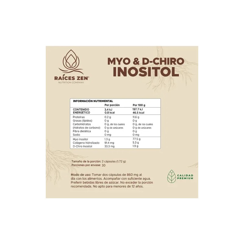 Myo D-chiro Inositol Raíces Zen Premium Fórmula 40:1 60 Cáps