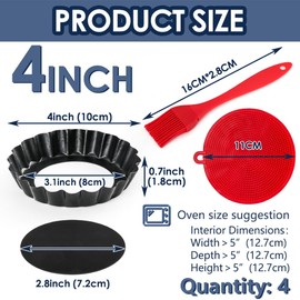 4 Inch Mini Tart Pans with Removable Bottom, Nonstick Quiche Pan Round, Mini Pie Pans with Oil Brush&Silicone Scrubber, Heavy Duty Fluted Side for Pies, Mousse Cakes, Dessert Baking (4-inch Set of 4)