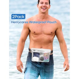 Henrycares 2-Pack Waterproof Pouch Bag for Swimming, IPX8 Waterproof Bumbag with Adjustable Waist Strap, Protect Phone Wallet Passport, for Beach, Paddle Board, Camping, Travel (Black+Crystal White)