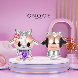 GNOCE Calf Hugging Heart Gemstone Charm Bead 925 Sterling Silver Animal Charms Jewellery Gift for Girls Women Matching Snake Chain Bracelets / Necklace, Silver, Cubic Zirconia