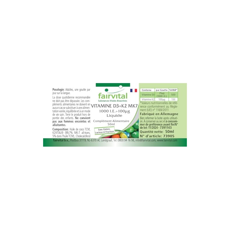 Fairvital Vitamin D3+K2 Drops - 50 ml - All-Trans MK7