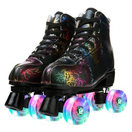 Women Roller Skates Classic High-top Outdoor Skate Roller Light-Up Four-Wheel Roller Skates Shiny Roller Skates for Adult Women Men Yoth with Shoe Bag (Black Flash Wheel,39=US: 6.5)