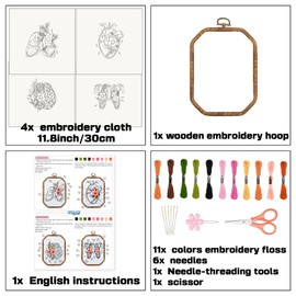 ORIGACH 4 Set Embroidery Kit for Beginners Adults, DIY Human Organ with Flowers Embroidery Starter Kit with Stamped Patterns Instructions Embroidery Hoop Needles Threads for Crafting
