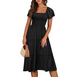 ANRABESS Women Summer Casual Square Neck Flutter Sleeve Boho Smocked A-Line Flowy Tiered Modest Midi Sun Dress with Pockets Black Small