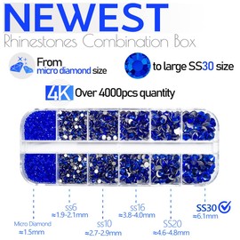 4010pcs Blue Rhinestones Sapphire Blue Nail Rhinestones Flatback Stones K9 Glass Royal Blue Nail Gems Crystals Nail Charms Nail Art Kit 6 Sizes(1.6-6.1mm) to SS30 for Nails Face Eyes Makeup Crafts