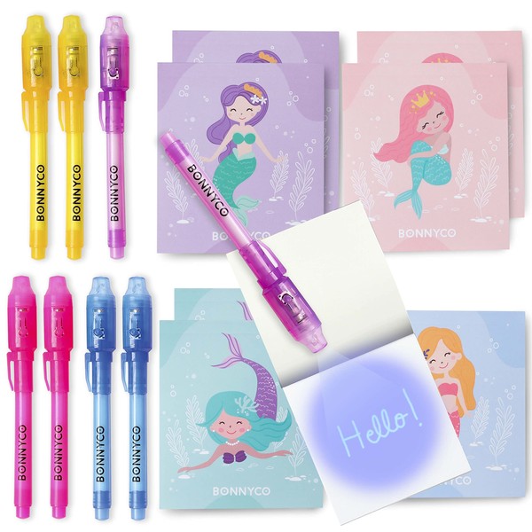 BONNYCO Invisible Ink Pen and Notebook, Pack 8 Mermaid Party Bags Filler & Pinata Toys | Mermaid Birthday Decorations | Stocking Fillers for Kids Birthday | School Prizes & Gifts for Children