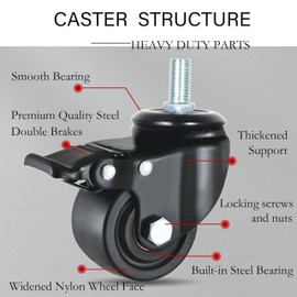 Heavy Duty Casters, M16x30mm Stem Casters Low Gravity Center Swivel Castors 3000lbs Load Heavy Capacity Caster Wheels Set of 4 for Industry, Workbench etc (2.5 Inch, 4 with Brakes)