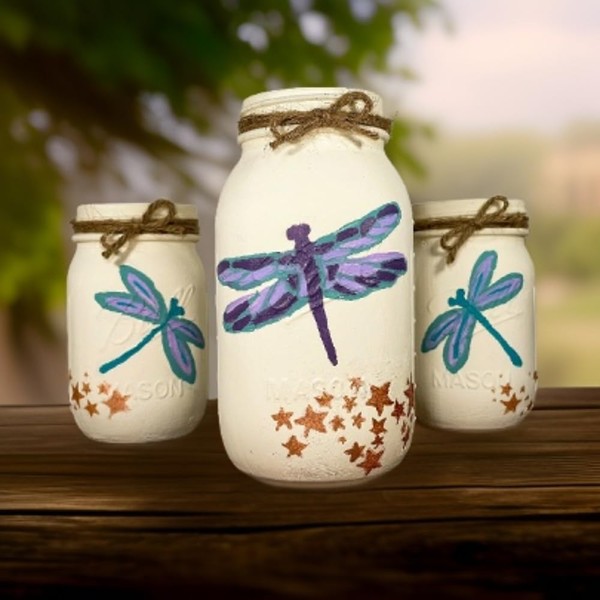 Dragonfly Mason Jars/Dragonfly Decor/Mason Jar Centerpiece/Painted Mason Jars