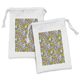 Ambesonne Colorful Fabric Pouch Set of 2, Comic Book Expression Words Images in Speech Clouds Modern Fashion Art Pop Culture, Small Drawstring Bag for Toiletries Masks and Favors, 9" x 6", Multicolor