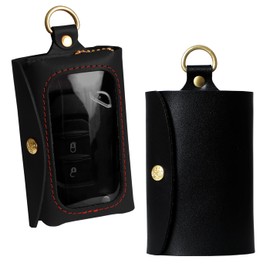 [HUKURO] Smart Key Case [L]-with- Key Case with Clear Window, 4 Rings, Genuine Leather, Universal Type, Tochigi Leather, Card Case, Multi Key Case, Made in Japan, black (red thread)