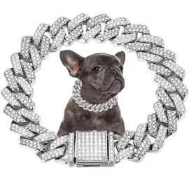 Silver Dog Chain, Diamond Cuba Link Dog Collar Metal Dog Necklace Cat Chains Pet Crystal Collars Jewelry for Small Medium Large Dogs Cats, 18-inch