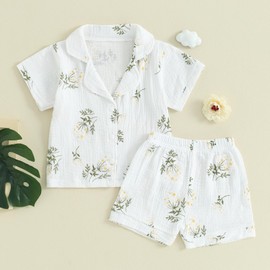 Mubineo Toddler Baby Boy Girl Summer Pajamas Sets Cotton Linen Short Sleeve Pjs Sleepwear Homewear Comfy Clothes Outfits (White Green, 5-6 Years)