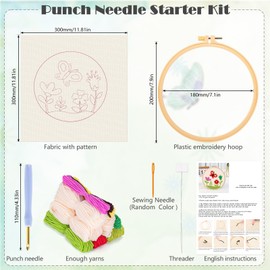 JSRQT Flower Butterfly Punch Needle Kit for Beginners, DIY Craft Punch Needle Embroidery Starter Kit for Adult Kids, Cross Stitch Rug Beginners Kit, Punch Needle Starter Kit with Tool for Home Decor