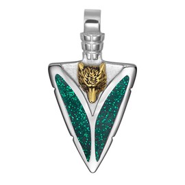 Wolf Arrowhead Necklace - Gold Tone Wolf Protection Necklace - Stainless Steel Jewelry - Spearhead Protection Amulet - Cool Necklaces for Men and Women - Wolf Tooth Pendant (18 Inch Chain, Sparkling Gold Tone Green)